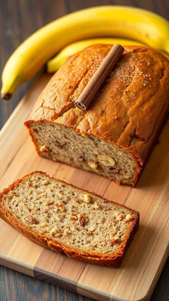 A loaf of vegan banana bread sliced on a cutting board with ripe bananas beside it.